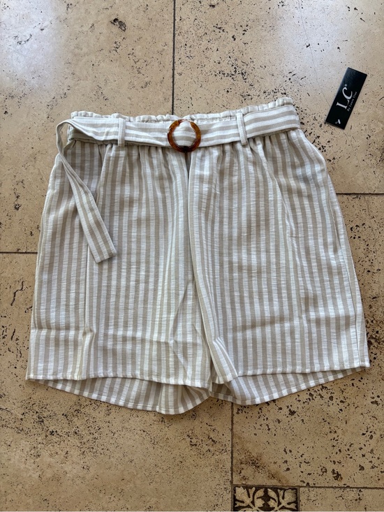 Laura Cruz Pants - LC Paperbag Waist Striped Bermuda Shorts in Beige and White